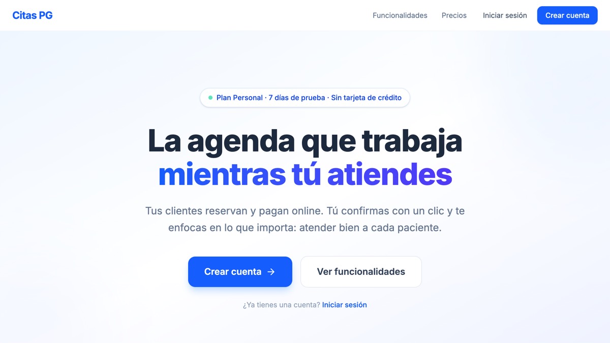 Portada de Citas PG: «La agenda que trabaja mientras tú atiendes», con los accesos para crear cuenta y las cifras de profesionales y citas gestionadas.